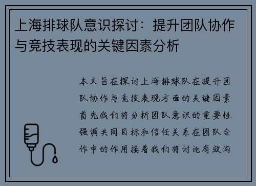 上海排球队意识探讨：提升团队协作与竞技表现的关键因素分析